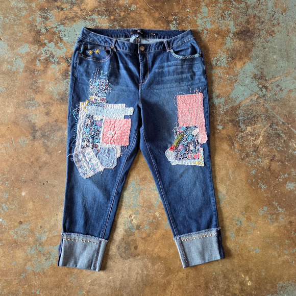 1822 Denim Embellished Jeans Plus Size 20W Taylor Fit Patchwork Embroidered - Picture 1 of 11